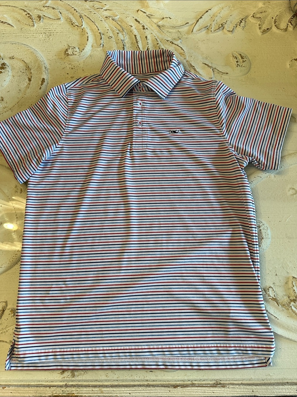Vinyard Vines Striped Polo Shirt in White with Red & Blue Stripes